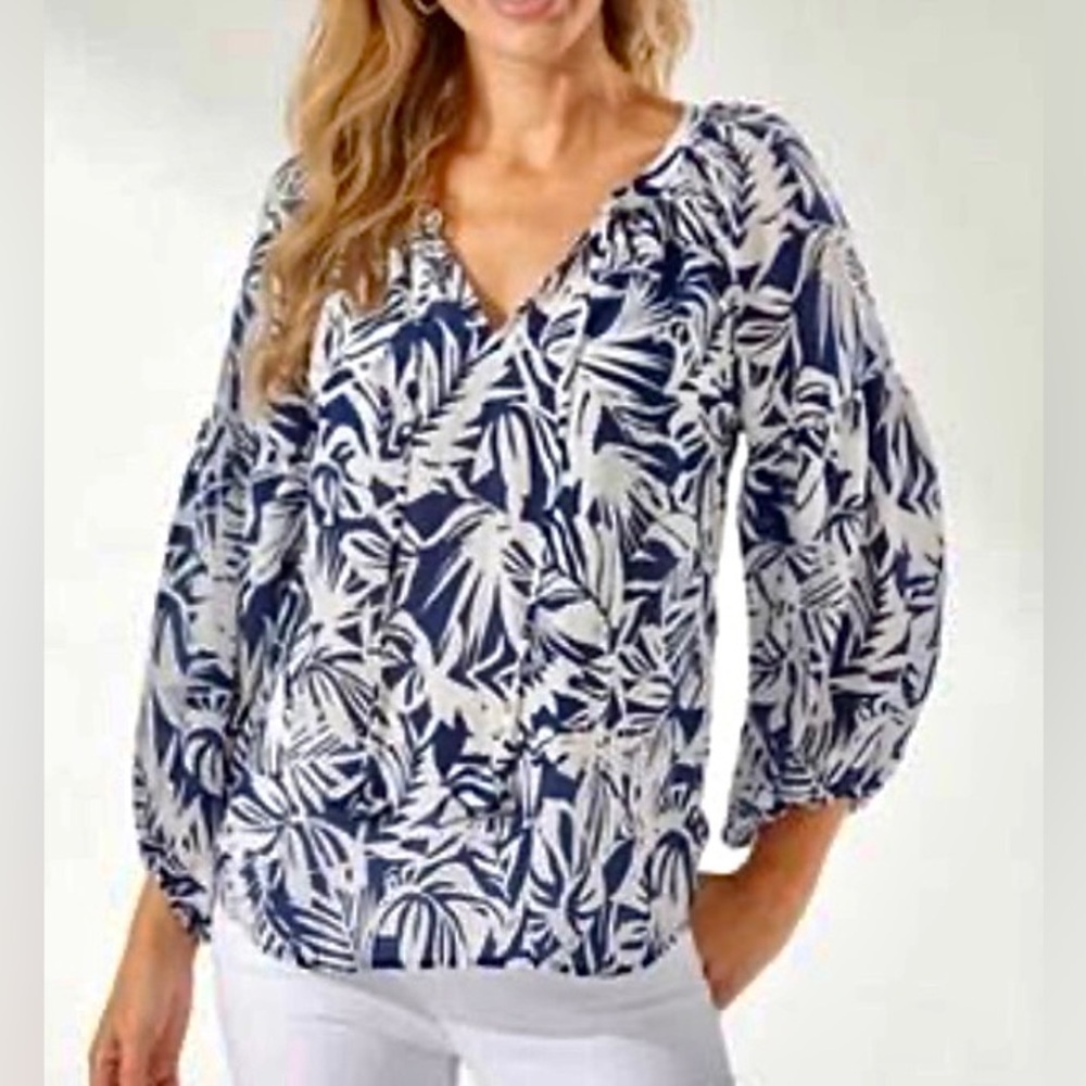 Tommy Bahama Cotton Silk Tropical Peasant Blouse - Navy/White Size XL